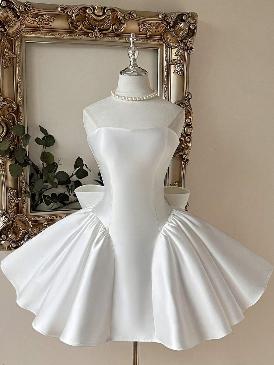 Lovelzi Elegant Romantic Satin Strapless A-Line Mini Dress With Detachable Back Bow Decoration, Suitable For Weddings, Parties And Formal Occasions