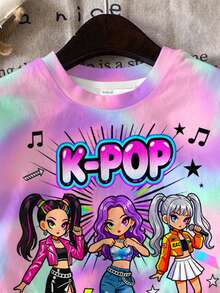 青少年女孩卡通女團K-Pop巨星短袖T恤與短褲2件組，適合夏季，可愛圖案，紮染 - 彩色 - 查看 4