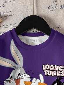 LOONEY TUNES X SHEIN 小男孩圓領撞色字母卡通印花休閒百搭日常穿搭運動衫 - 白色 - 查看 3