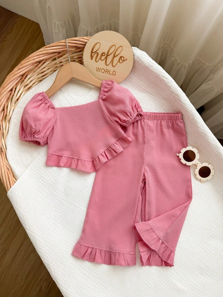 SHEIN 女嬰夏季可愛素色短袖上衣與長褲套裝 - 粉色 - 查看 1