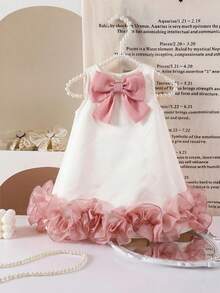 Gaun Bayi Perempuan Elegan Sederhana Tanpa Lengan dengan Hiasan Pita dan Rok Jala Berkerut, Cocok untuk Musim Semi, Musim Panas, Musim Gugur, dan Musim Dingin - Putih - View 1