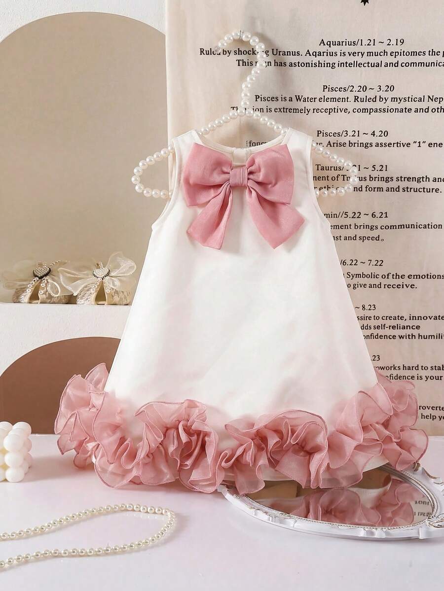 Gaun Bayi Perempuan Elegan Sederhana Tanpa Lengan dengan Hiasan Pita dan Rok Jala Berkerut, Cocok untuk Musim Semi, Musim Panas, Musim Gugur, dan Musim Dingin - Putih - View 1