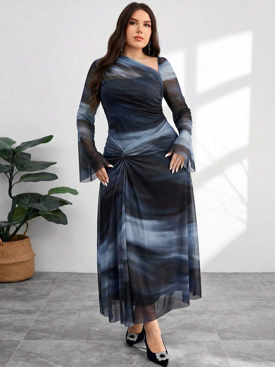 Modelyn Plus Size Women's Blue Asymmetric Neckline Bell Sleeve Twist Design Elegant Formal Cocktail Dress Wedding Guest Party Evening Autumn Fall - Navy Blue - View 1