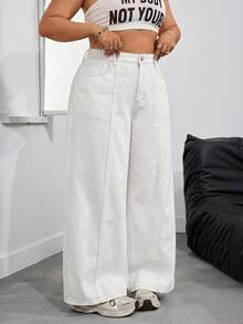 SHEIN PETITE CURVE Plus Size Women's Pocket Wide Leg Loose Casual Versatile Denim Jeans - White - View 1