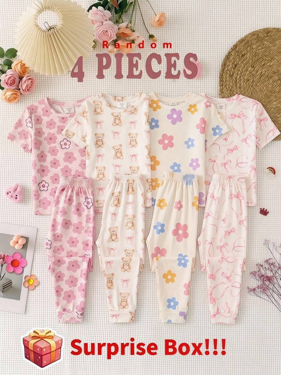 SHEIN Tween女孩休閒簡約修身舒適圓領短袖長褲居家服套裝,適合春夏,貼身剪裁,4件/套,甜美可愛愛心印花與花卉印花居家服套裝 - 淺粉色 - 查看 1