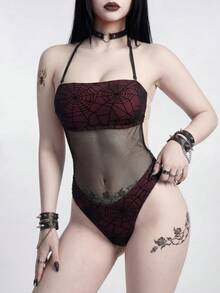 ROMWE Goth 26SS 春夏女款網眼背心式一件式泳衣 - 黑色 - 查看 5