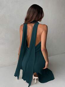 Aloruh Women's Yellow Cowl Neck A-Line Backless Dress With Straps - Teal Blue - View 4