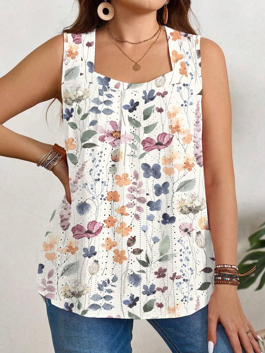EMERY ROSE Áo hai dây cổ tim họa tiết hoa Schiffy dành cho nữ cỡ lớn, thích hợp mặc mùa hè, đi nghỉ mát. - Nhiều màu - Xem 1