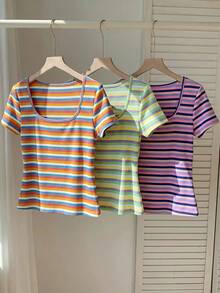 Comfortcana Kaos Lengan Pendek Bergaris Warna-warni Ukuran Besar untuk Wanita, Paket 3 Buah, Musim Semi/Panas - MultiWarna - View 3