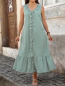 Lacomfia Sleeveless V-Neck Ruffle Trim Green Dress, Plus Size Casual Loose Fit Holiday Vacation Summer - Green - View 7