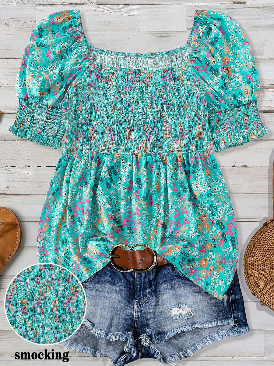 Linhara Square Neck Puff Sleeve Vintage Ditsy Floral Cinched Waist Plus Size Shirt - Green - View 1