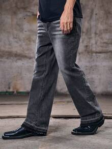 Skyrend Lightweight Business Casual Washed Distressed Hem Jeans For Men, Versatile Slim Straight Leg Casual Pants, Suitable For All Seasonsemo - Black - View 5