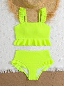 SHEIN Tween Girls Camisole Style Bikini Solid Color With Ruffle Trim Special Fabric - Yellow - View 5