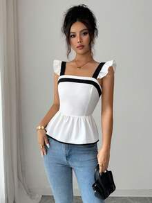 Elenzga Top Feminina Primavera/Verão Nova Casual Elegante com Manga Borboleta e Laço de Amarrar para Férias - Branco - Visão 7