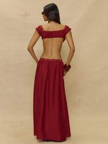 MUSERA Red Lace Trim Bardot Crop Top - Red - View 4