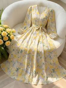 Feyla Rochie elegantă de vacanță pentru femei mărimi mari, cu imprimeu floral, decolteu în V și mânecă lungă - Multicolor - Vizualizare 6