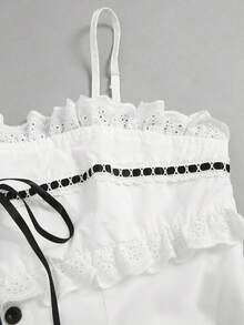 Elamini Women's Summer Lace Collar Ribbon Tie Decor Pure Cotton Short White Dress, Suitable For Collegiate Style - White - View 4