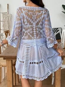 Swim Vcay 女款度假拼接刺繡網紗七分袖罩衫洋裝 - 霧霾藍 - 查看 5