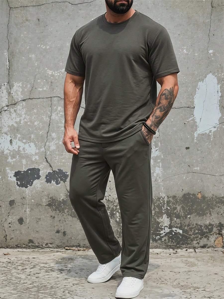 DAZY Summer Short Sleeve T-Shirt And Long Pants Set, Dark Grey, Plus Size For Men - Dark Grey - View 1
