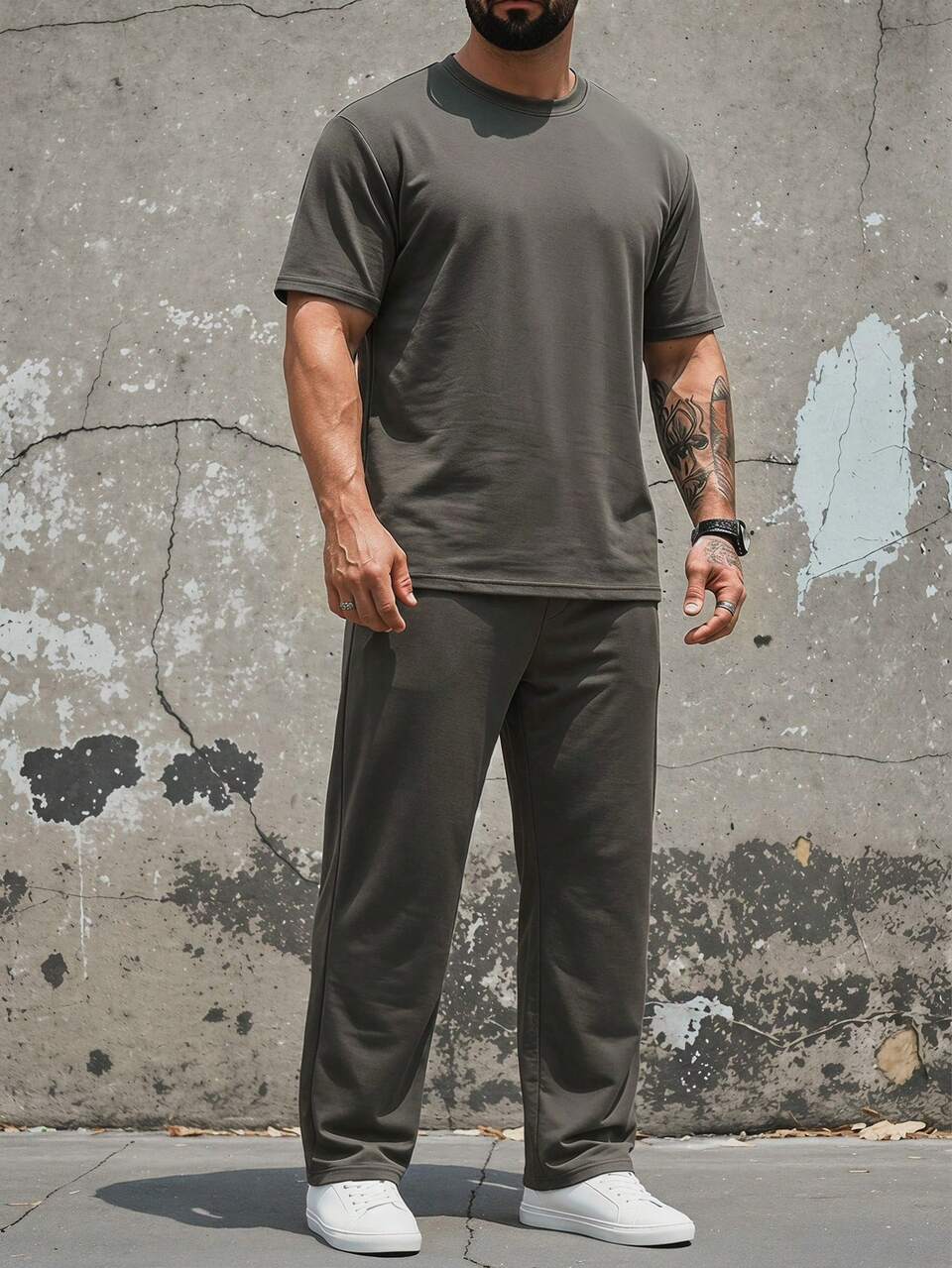 Summer Short Sleeve T-Shirt And Long Pants Set, Dark Grey, Plus Size For Men