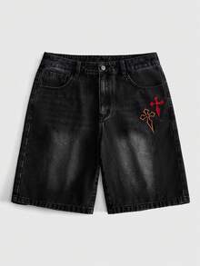 ROMWE MEN Men's Pocket Button Cross Embroidery Denim Shorts - Black - View 1