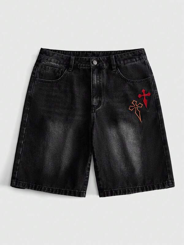 ROMWE MEN Men's Pocket Button Cross Embroidery Denim Shorts