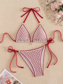 Vaytide Women's Hollow Fabric Blue Shell Flower Pearl Trim Sexy Style Triangle Bag - Red - View 2