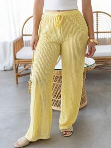 Andrea Bello 2026 Pantalones sueltos de verano con pliegues de moda para mujer, pantalones anchos de pierna suelta con textura de cordón, pantalones anchos de punto casuales, pantalones de playa transparentes para vacaciones, para festival de música y fiesta - Amarillo claro - Ver 5