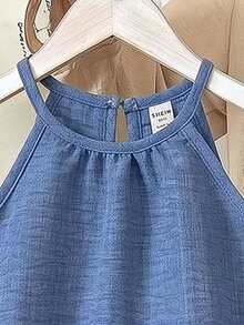 SHEIN Vintaside Kids Ensemble top à col licou et pantalon avec design ajouré brûlé pour jeunes filles, adapté aux filles, avec encolure dos nu et style ouvert, en tissu, top ajusté + pantalon droit décontracté, adapté pour le port extérieur en été - Bleu azur - Voir 3