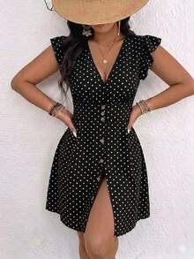 SHEIN Frenchy Gaun Kasual Musim Panas Ukuran Besar Motif Polkadot dengan Kancing Depan - Hitam - View 5