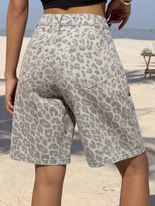 SHEIN PETITE Women's Leopard Print Denim Shorts ,Petite Women - Multicolor - View 5