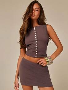 Athîral Women's Vintage Coffee Brown Button Design Sleeveless Tank Top + Mini Skirt, Casual Two Pieces Set, Outing Outfit Going Out Summer - Dark Grey - View 3