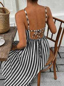 Cévolie Women's Vacation Striped Backless Knot Design Cami Dress - Black and White - View 2