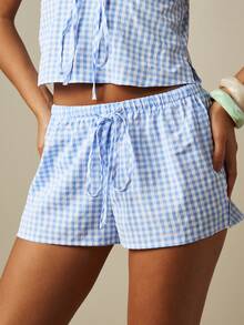 MISSGUIDED Gingham Check Seersucker Lounge Shorts With Elastic Drawstring Waist Summer Casual Mini Length - Blue and White - View 2
