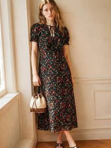 Écloséra Summer New French Vintage Black Floral V-Neck Puff Sleeve Long Dress, French Vintage Waist-Defining Slimming Tea Length Dress, Suitable For Beach Vacation And Commute Elegant Outfit - Pink - View 3