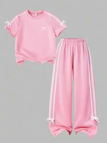 Girls 2pcs Set Solid Color Knit Round Neck T-Shirt + Wide Leg Long Pants Set, 3D Bow Decoration, Side Seam Color Block Stripe Decoration, American Minimalist Casual, Sports Style, Suitable For Daily Casual, Sports Wear In Spring And Summer - Pink - View 4