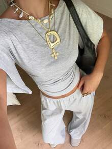 SHEIN EZwear 女款素色不對稱肩蝙蝠袖T恤與長褲休閒居家套裝 - 淺灰色 - 查看 5