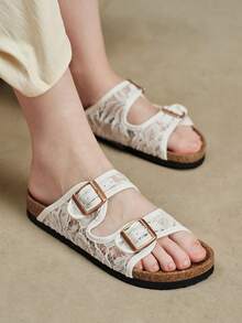 Solecia Women's Mesh Hollowed-Out Double-Button Slippers, Open-Toed Flat-Bottomed Retro Versatile And Breathable Slippers Summer - -8 net white - View 3