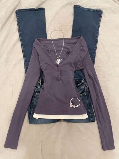 INAWLY Women Slim Fit Long Sleeve 2 In 1 T-Shirt