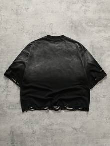 ROMWE MEN Men's Streetwear Washed Distressed Rhinestone Star Loose T-Shirt Spring Summer - Black - View 3