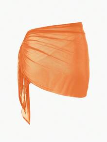 Swim Basics Vacation Beach Sheer Mesh Cover Up & Wrap Skirt Set For Summer - Orange - View 3