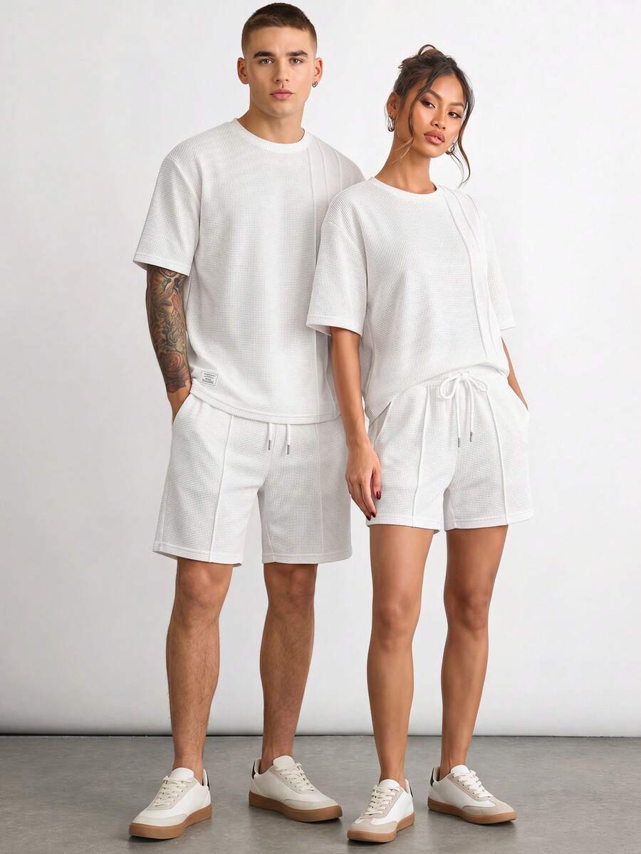 NORVETH Conjunto casual para o dia a dia: camiseta masculina de manga curta com estampa e gola redonda e bermuda com cordão na cintura. - Branco - Ver 1