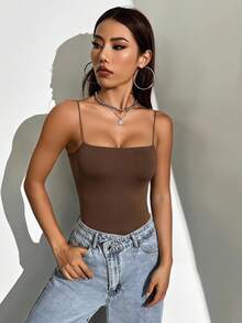 GENKIRA Áo liền quần chặt màu trơn Gợi cảm - màu nâu - Xem 6