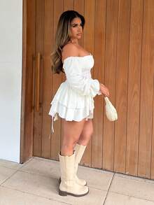 Maria Perezxox 女士露肩长袖花卉提花连衣裙，荷叶边下摆和腰部拼接设计 - 白色 - 查看 6