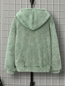 SHEIN 男童休閒刺繡雙面刷毛連帽套頭針織衛衣，秋冬款 - 綠色 - 查看 2