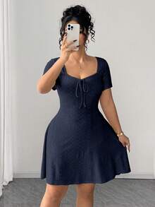 Elenzga Plus Size Fitted Slimming Fashion Yellow Jacquard Dress - Blue - View 5