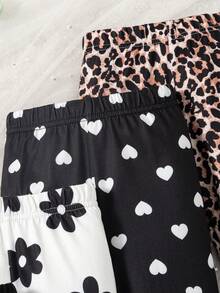 SHEIN Vintaside Kids 4件套女童休闲百搭柔软可爱印花、豹纹、爱心和纯黑色打底裤，性价比高，适合春夏室内外玩耍 - 彩色 - 查看 3