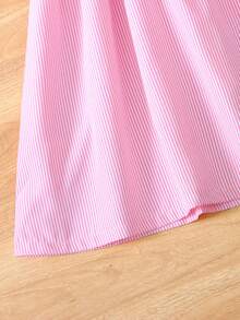 SHEIN Genkimix Kids 女童粉色條紋刺繡蕾絲飾邊彼得潘領短袖A字洋裝 返校季夏季秋季 - 粉色 - 查看 3