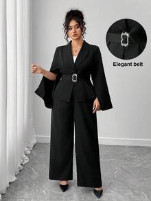 Elenzga 大尺碼女款時尚紋理面料優雅套裝兩件組，適用於派對聚會、通勤約會，適合返校季、畢業典禮、假期、情人節、音樂節、母親節、萬聖節、感恩節、復活節、國慶日、舞會、約會派對、婚禮季 - 黑色 - 查看 1