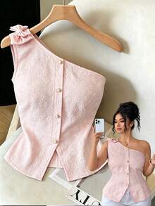 Elenzga Áo không tay cỡ lớn dành cho nữ, Áo vest jacquard thắt nơ hồng, Áo tank top ôm dáng cài khuy ngọc trai, Áo kiểu trễ vai hở vai, Áo sơ mi mùa hè jacquard cài khuy ngọc trai ở eo, Phong cách Pháp dịu dàng, Áo tank top mùa hè ôm dáng Pure Desire, Áo mùa hè dành cho nữ, Kỳ nghỉ, Du lịch, Áo nữ thanh lịch - Hồng - Xem 1